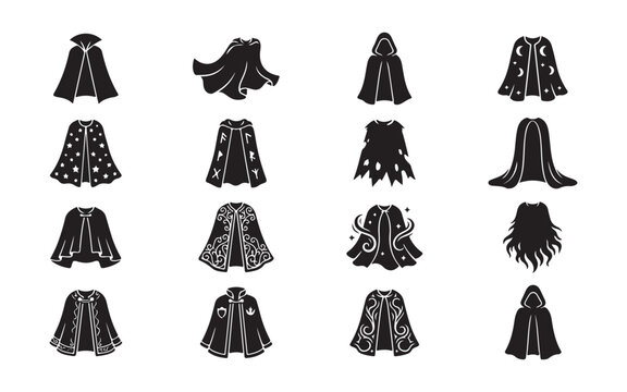 Witch cloaks and capes black and white mystical apparel set for halloween and magical designs.