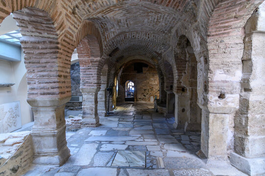 Brick arcades and marble floor of the Crypt of Saint Demetrios, site of the martyrdom of the saint, Thessaloniki, Greece
