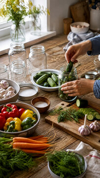 Person carefully places fresh green cucumbers into glass jar for pickling on rustic wooden kitchen table surrounded by various vegetables and herbs.