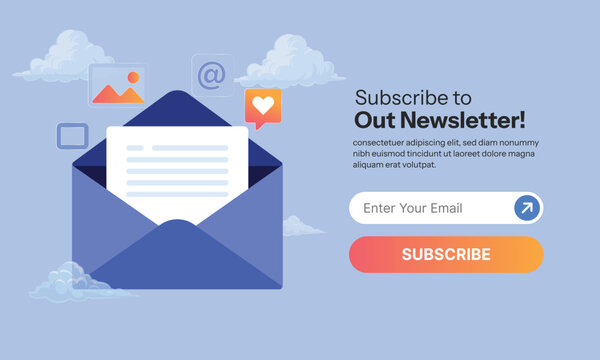 Newsletter Subscription Illustration With envelope illustration with a message sheet, circular decorative accents, and a call to subscribe