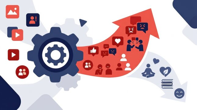 Illustration shows social media icons and gears to represent issues related to digital wellness and mental health impacts.