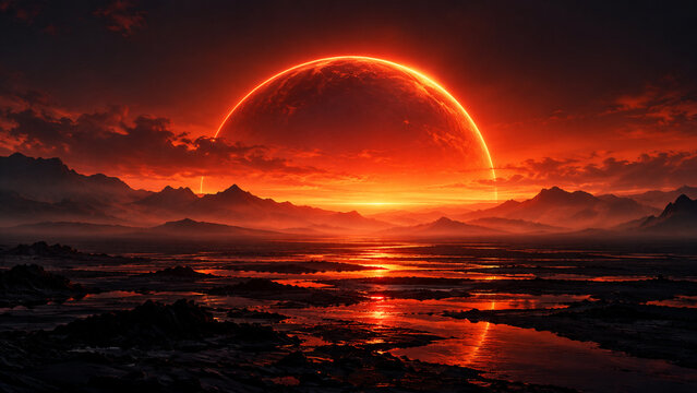 Paysage extraterrestre rouge sous un immense astre flamboyant
