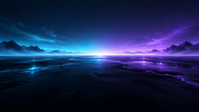 Horizon futuriste cyan et violet sur une plaine r&eacute;fl&eacute;chissante