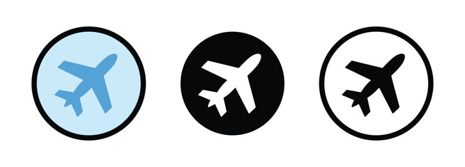Airplane Icon Set: A collection of three simple airplane icons in blue, black, and white, presented in circular frames, perfect for representing travel and aviation themes. © Formora Graphics