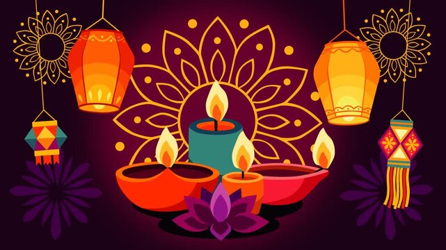 Vibrant Diwali motion graphic background featuring glowing diyas, colorful hanging lanterns, lotus decorations, traditional Indian patterns, and warm festive lights