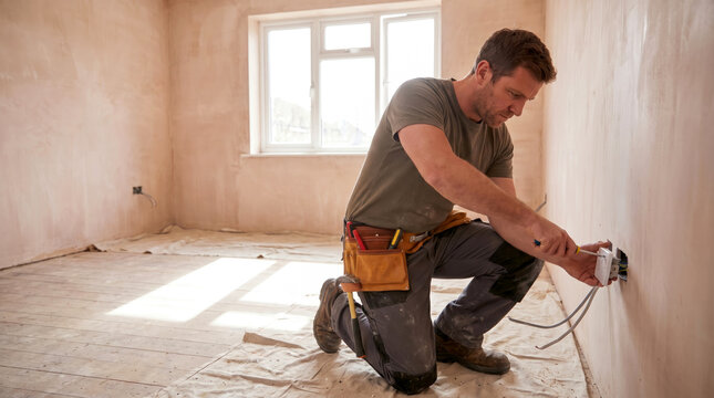 Male electrician kneels on dust sheet in unfinished room, using screwdriver to install wall power socket.