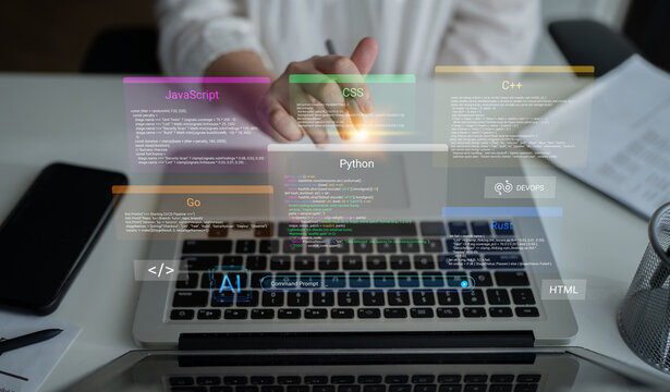 Modern workspace featuring a laptop with multiple programming languages displayed. Ideal for showcasing software development, technology, and coding skills in an innovative environment. Cyphers