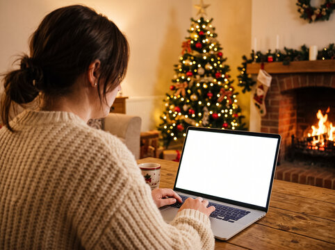 girl in light sweater typing on laptop with mockup screen in front of burning fireplace and decorated christmas tree in warm evening home