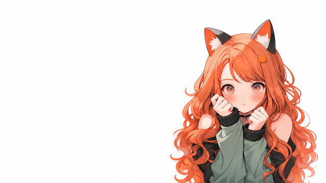 Anime girl with cat ears and long wavy orange hair making a paw pose, wide banner with large copy space on white，猫耳とオレンジの長い巻き髪の女の子が猫のポーズ、左に広いコピースペースのある横長バナー
