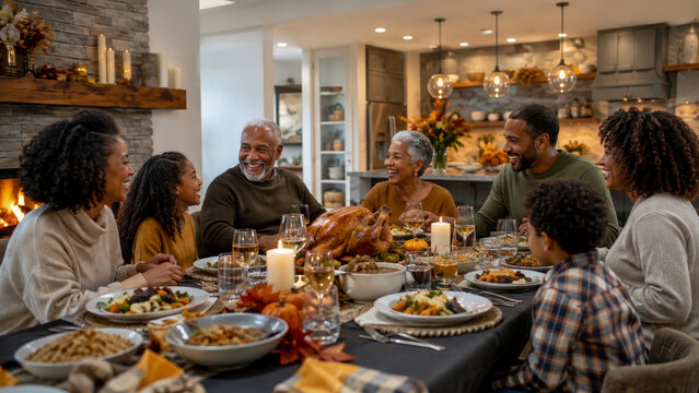 Multi-generational family enjoys festive Thanksgiving dinner together around table filled with roasted turkey and various side dishes in warm, cozy home interior with lit fireplace nearby.