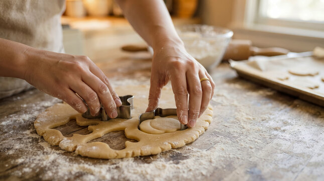 Close up view of person using metal cookie cutters to shape raw dough on wooden table covered in flour while preparing to bake homemade cookies in home kitchen setting during day.