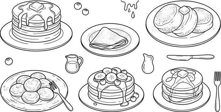 Pancakes and Crepes Breakfast Line Art Vector Illustration Set Featuring Souffle Pancakes, Blini, Maple Syrup, Butter, Bananas, and Blueberries