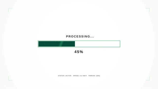 Minimalist loading bar with green progress indicator and percentage counter on white background, concept for digital data transfer, ideal for user interface design and tech presentations.