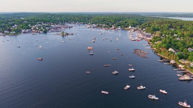 Aerial view of Boothbay Harbor and moored boats in Maine