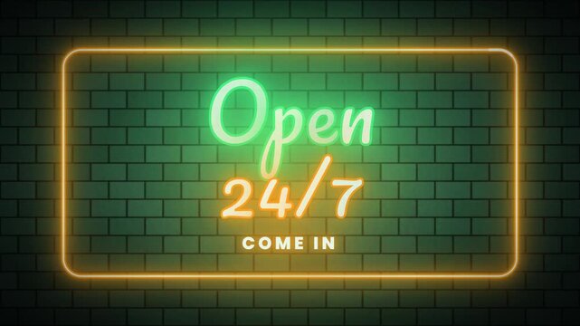 Neon sign open 24 7 come in on brick wall