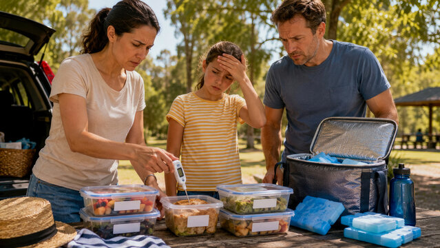 Concerned mother uses digital food thermometer to check temperature of meal while her daughter feels unwell and her father watches near cooler during family picnic in park setting.