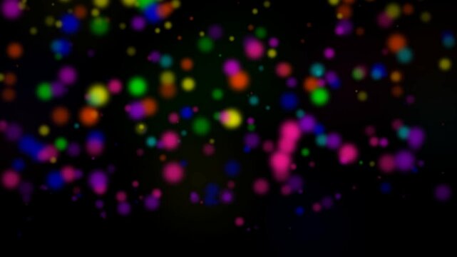Vibrant bokeh background with glowing multicolored out-of-focus light circles on dark backdrop, concept for magical celebration, ideal for holiday greeting cards and digital wallpapers