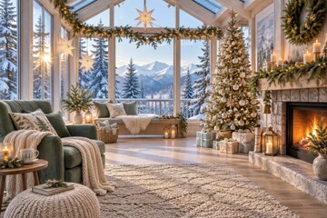 Obraz premium Cozy Christmas living room overlooking snowy mountain forest