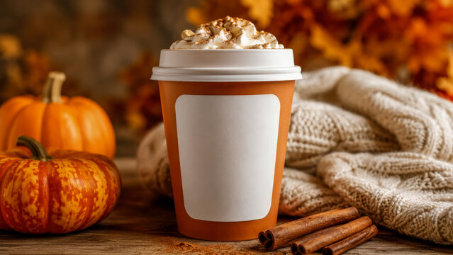 Takeaway paper cup of pumpkin spice latte with whipped cream and cinnamon sits on wooden table next to small pumpkins, cinnamon sticks, and cozy knitted sweater in autumn setting.