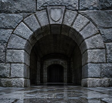 Granite keystone arch over historic entrance with carved shield detail