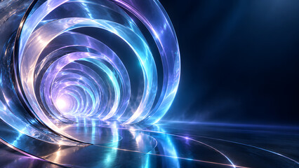 Fototapeta premium Futuristic glass tunnel background, abstract glowing neon blue rings, 3d technology portal for digital presentation banner