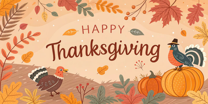 Happy Thanksgiving Autumn Harvest Cornucopia Pumpkins Leaves Celebration Vintage