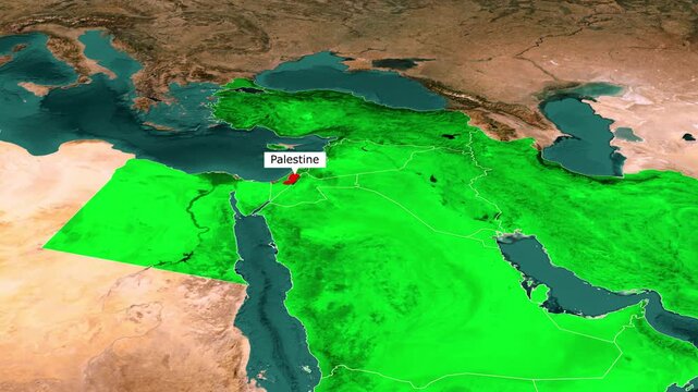 Palestine location marker on green 3D satellite map of the Eastern Mediterranean and Levant, Middle East geography with region borders and terrain animation