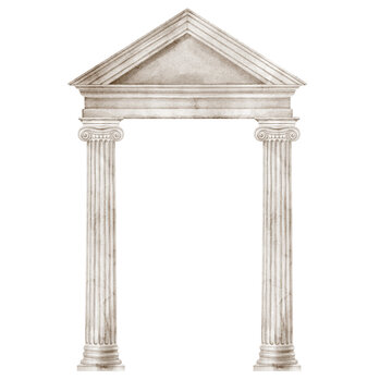 Roman portico watercolor illustration with classical ionic columns and triangular pediment isolated on background. Ancient architectural clipart for Mediterranean, historical and decorative designs.