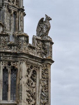 Octagonal gothic revival tower with deep carvings of oak leaves and a stone griffin on the parapet