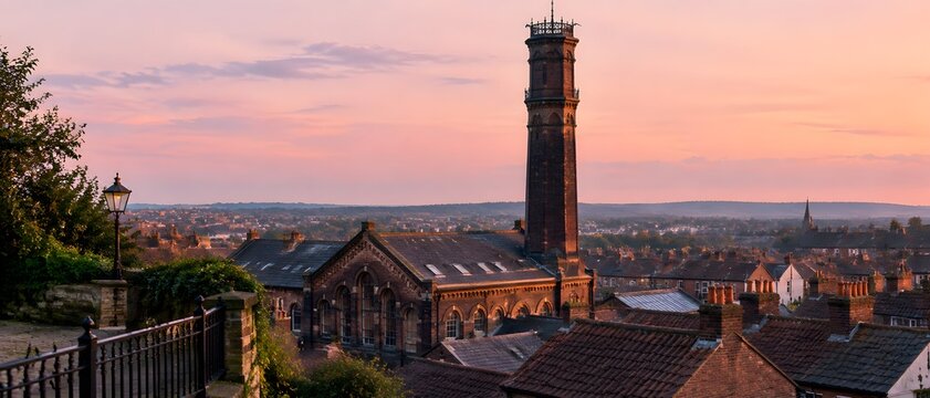 Tall octagonal brick chimney of a Victorian pumping station above tiled roofs