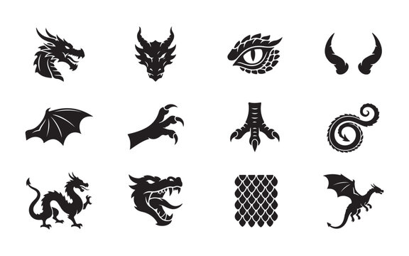 Black dragon head silhouette and body parts collection for fantasy logo design or creative project.