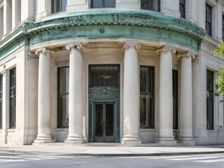 Fototapeta premium Curved corner colonnade of a neoclassical bank building with stone shafts and a green copper cornice