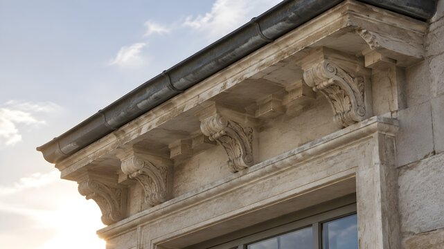 Modillion cornice with acanthus brackets and a lead lined gutter above a window head with chipped stone edges and fine weathering