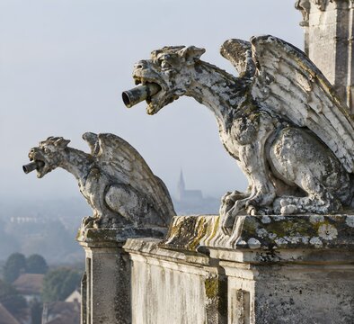 Grotesque winged beast waterspouts projecting from a limestone parapet with weathered jaws and folded wings