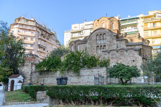 Church of Saint Panteleimon with domes and blind arcades among apartment blocks, Thessaloniki, Greece