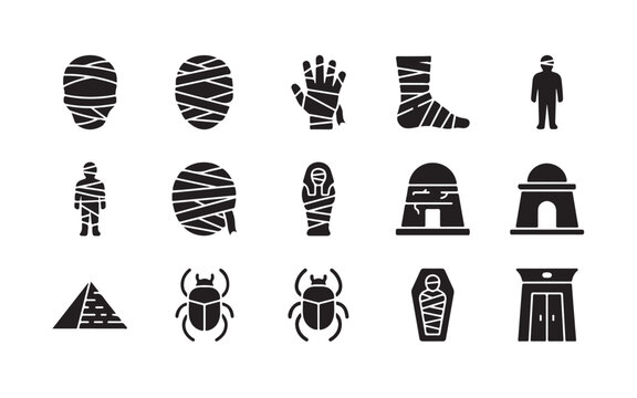 Black glyph egyptian mummification icon set for web design application and presentation.
