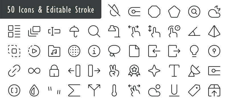 Minimalist UI interface icons set, 50 line icons with editable stroke, modern web and mobile application symbols, thin black outline vector collection