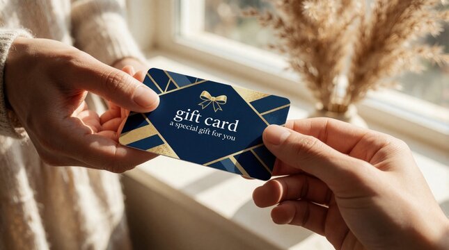 Two people exchange blue, gold geometric gift card with ribbon. Hands hold premium voucher for special occasion celebration. Elegant present template with luxury pattern for shopping reward, birthday