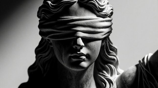 Grayscale sculpture of lady justice wearing blindfold. Close up face of stone statue with long wavy hair. Concept of law fairness, legal objectivity. Symbol of blind justice for court system judicial