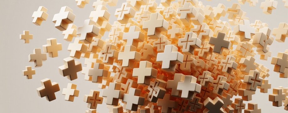 Abstract 3D render features many floating golden plus signs, geometric shapes. Metallic cross symbols drift in soft light. Minimalist gold pattern creates luxury background for math, healthcare,