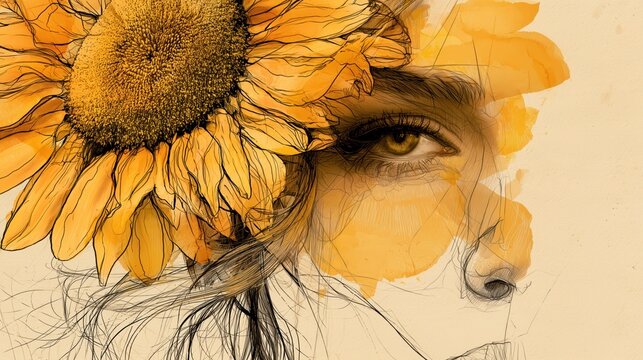Woman portrait with a large golden sunflower and layered textures for expressive botanical editorial design.