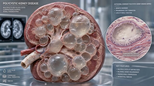 Detailed anatomical model of a polycystic kidney featuring fluid cysts of varying sizes and parenchymal compression, accompanied by a zoomed inset illustrating the cyst lining and tissue fibrosis