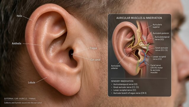 Human ear external anatomy illustration showing pinna helix antihelix tragus lobule ear canal surrounding skin with a zoomed inset highlighting auricular muscles and sensory innervation