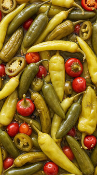 Assortment of pickled jalapenos pepperoncinis and red cherry peppers in brine