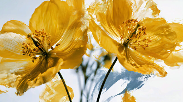 Golden yellow flowers with delicate petals and dark stems for bright botanical wall decor.