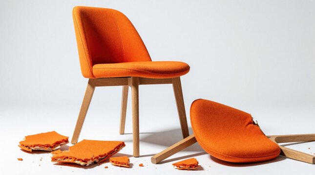 Broken orange chair with damaged seat cushion on white background. Torn fabric, scattered foam pieces lie near wooden legs. Concept of furniture destruction, repair, poor quality interior decor.