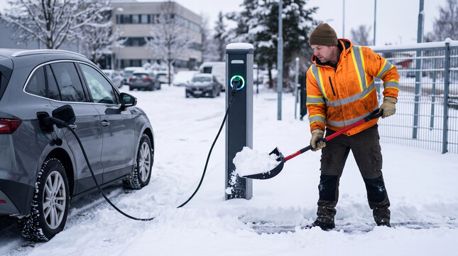 Maintenance worker clearing snow around an electric vehicle charging station