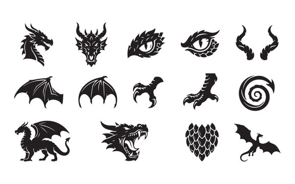 Dragon silhouette collection featuring mythical beast head and wings for epic fantasy brand identity.