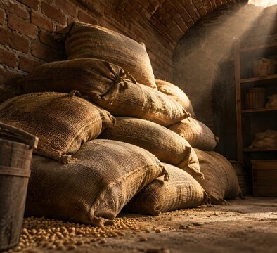 Grain sacks piled in an underground pantry with woven jute bags slumped in a pyramid against a brick-lined wall