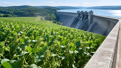 Obraz premium Dense green soybean plants filling a field beside the concrete spillway of a large dam